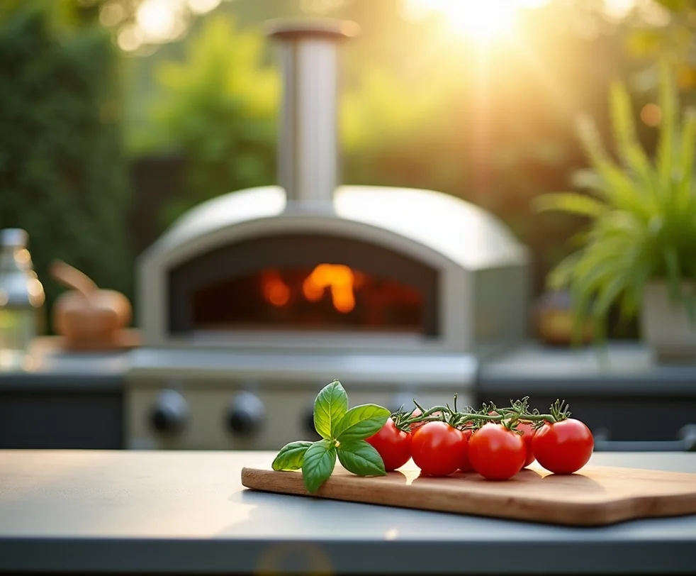 Stainless steel gas pizza oven on a modern outdoor kitchen counter in a bright morning garden