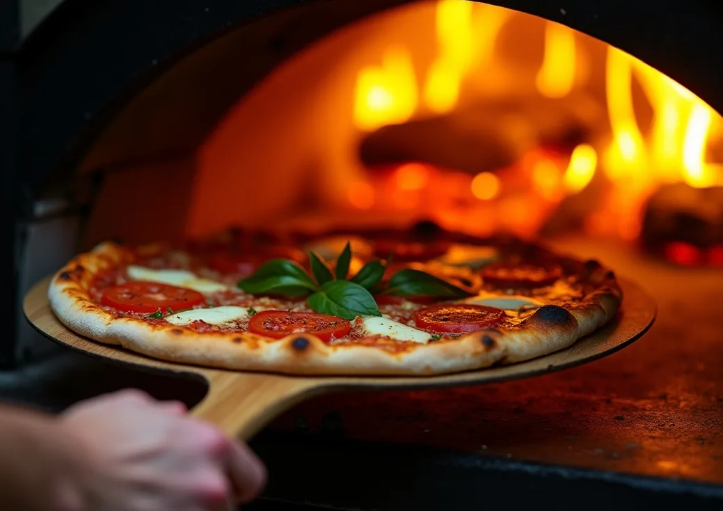 Skilled hands using a long wooden peel to slide a fresh margherita pizza into a roaring oven