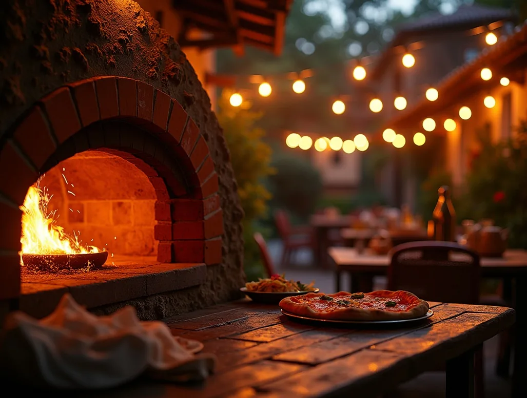 Wood-fired pizza oven glowing with warm orange flames on a rustic Italian patio at evening