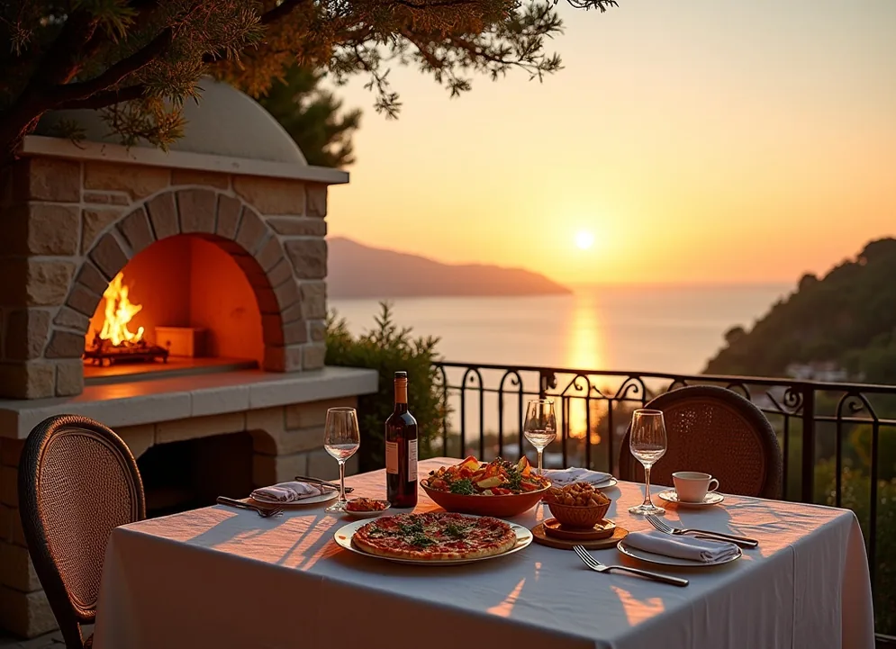 Large stone pizza oven installed on an elegant villa terrace at sunset