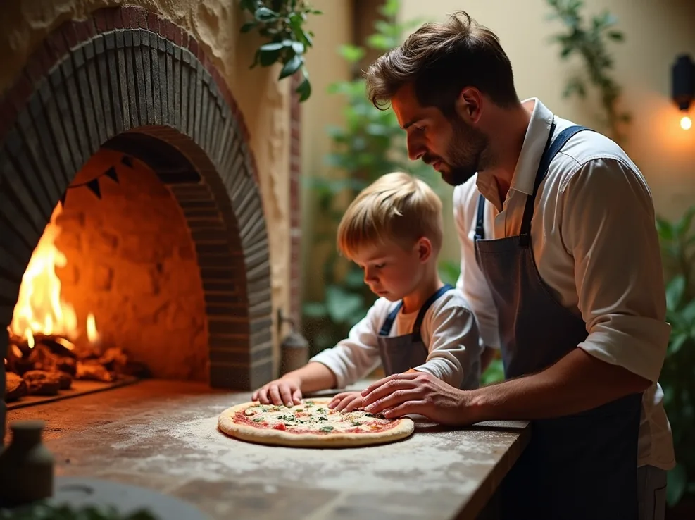 Father and child preparing pizza dough together beside a glowing mosaic tiled oven