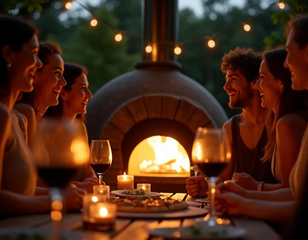 Group of friends gathered around a glowing pizza oven at a backyard gathering at night