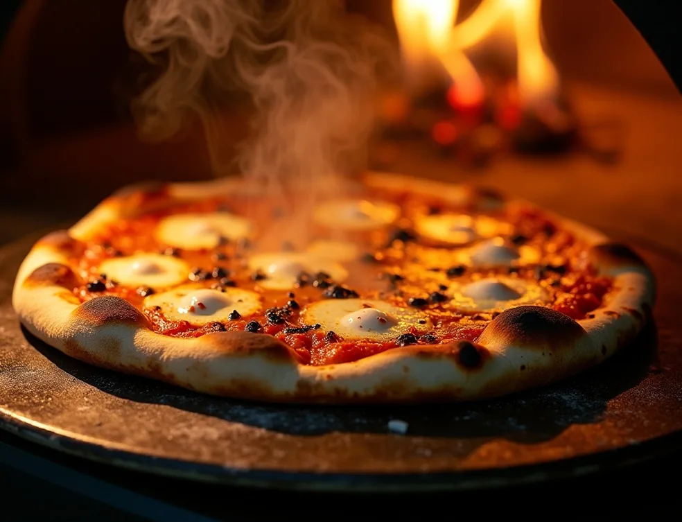 Perfectly charred Neapolitan pizza with bubbling mozzarella being lifted from the oven