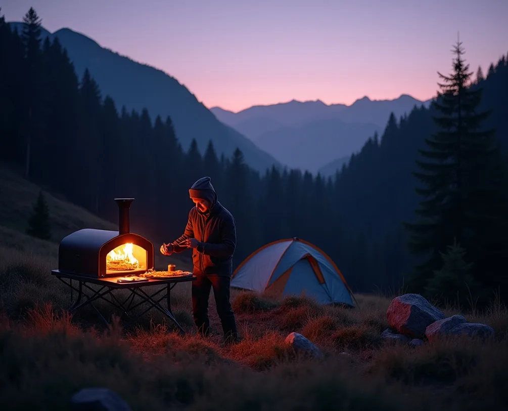 Mountain camping scene at twilight with a portable pizza oven set up on a folding table