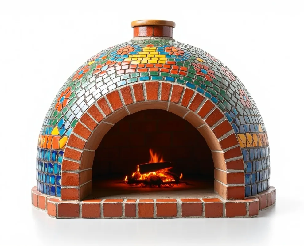Toscana Cupola TC85 artistic wood-fired oven decorated with colorful mosaic tiles on the dome